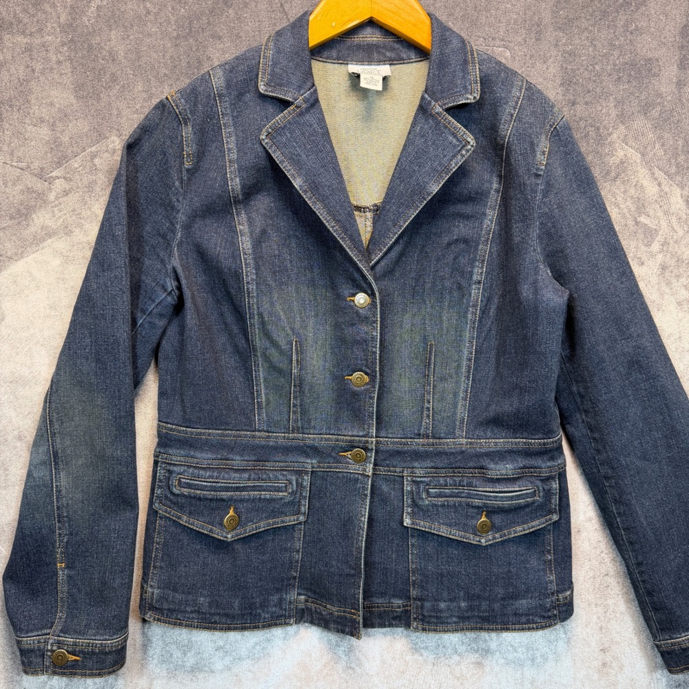 Ann Taylor Loft Denim Jacket Womens Blue Regular 14 Stretch Button Up Blazer